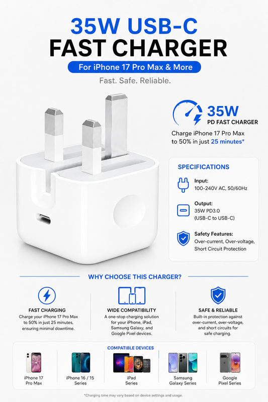 35W USB-C Power Adapter compatible with iPhone 17 Pro Max