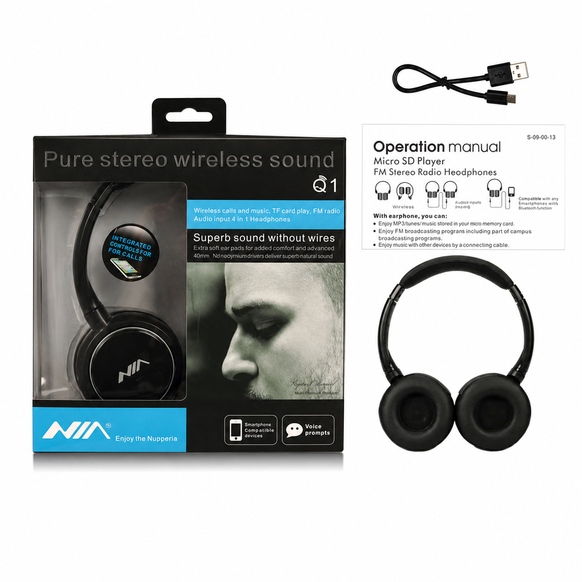 NIA Q1 Bluetooth Wireless Headphones with Microphone – Black
