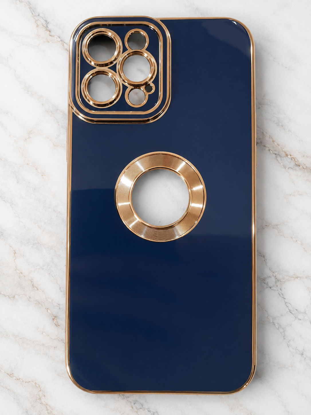 Luxury iPhone Case — Navy Blue & Gold | Camera Protection + Logo Cutout