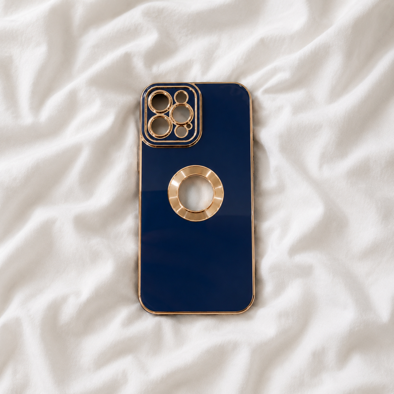 Luxury iPhone Case — Navy Blue & Gold | Camera Protection + Logo Cutout